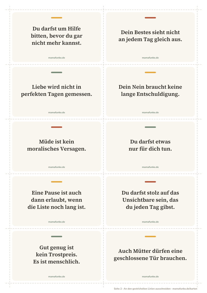 Vorschau: erste Seite mit 10 Affirmationskarten für Mütter, zum Beispiel: Du darfst um Hilfe bitten, bevor du gar nicht mehr kannst.